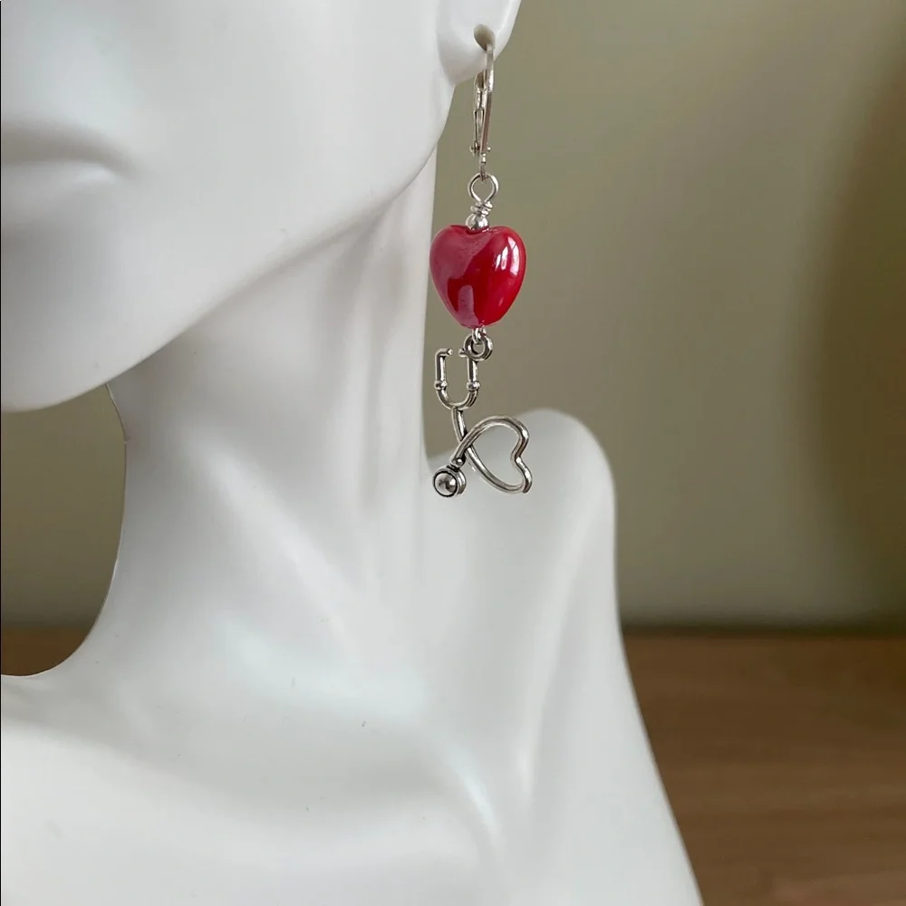 HAND CRAFTED STETHOSCOPE & RED HEART DANGLE EARRINGS  Nurse or Doctor Gift